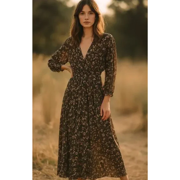 NEW Poupette St Barth M 100% Silk Ilona Maxi Wrap Dress Long Sleeve Black Floral - Picture 6 of 11